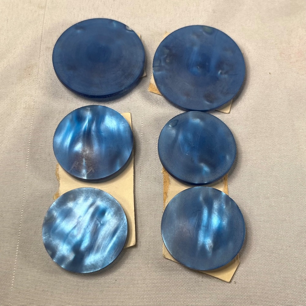 Vintage Set of 6 Large Blue Marbled Buttons Pearlescent Coat Buttons NEVER USED